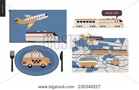 From Point A To Point B A Set Of Transportation Planning Concept - Airplane And Train Timetable Grap