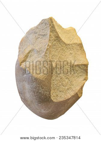 Lower Paleolithic Pebble Biface. Isolated Over White Background