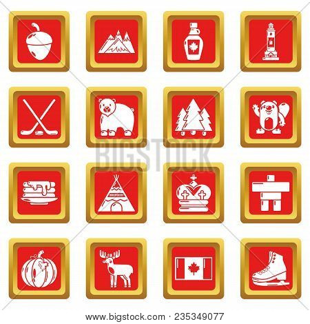 Canada Travel Icons Set Vector Red Square Isolated On White Background