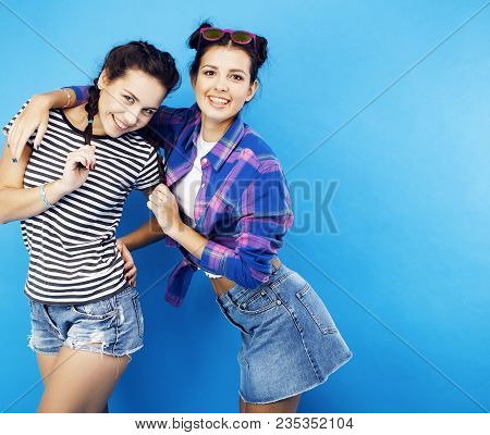 Best Friends Teenage School Girls Together Having Fun, Posing Emotional On Blue Background, Besties 