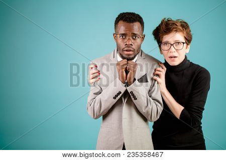 Two Fear-mongers . Man And Woman Vibranting With Fear. Be In Trepidation From Fear