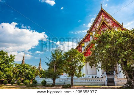Red And Golden Ornate Wat Mongkhon Bophit Temple In Ayutthaya, Thailand