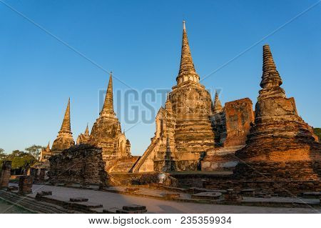 Ancient Ruins Of Wat Phra Si Sanphet Temple. Wat Phra Si Sanphet Is Unesco World Heritage Site In Ay