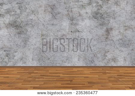 Room Perspective, Grunge Grey Concrete Wall And Wooden Plank Grou