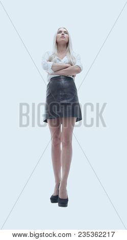 view from below. Young business woman looking confidently forwar
