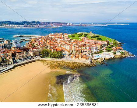 Gijon Beach Aerial View In The Centre Of Gijon City In Asturias, Spain