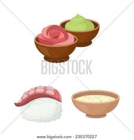 Sushi And Seasoning Cartoon Icons In Set Collection For Design. Seafood Food, Accessory Vector Symbo
