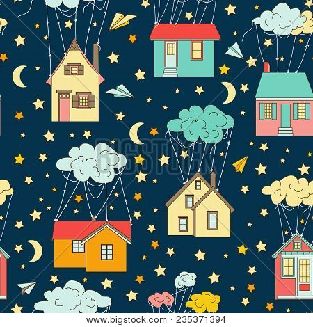 At Home Like Balloons. Houses Fly In The Clouds. The Clouds Are Harnessed. Flying Houses. Children S