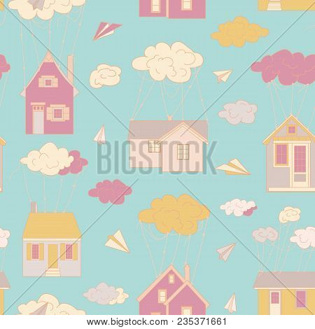 At Home Like Balloons. Houses Fly In The Clouds. The Clouds Are Harnessed. Flying Houses. Children S