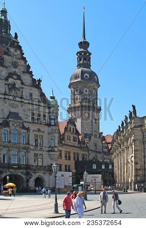 Dresden, Germany - April 27, 2012: This Is Hausmannsturm Tower - The Oldest Preserved Part Of The Dr