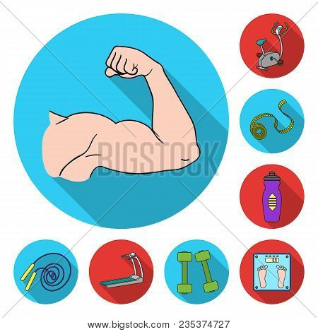 Fitness And Attributes Flat Icons In Set Collection For Design. Fitness Equipment Vector Symbol Stoc