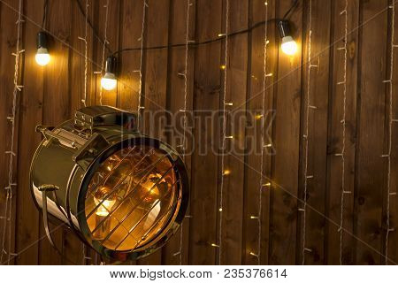 Loft Interior Orange Wooden Wall With Vintage Light Spotlight Lamp Retro Background Mock Up