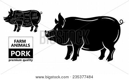 Cut Of Meat Set. Poster Butcher Diagram, Scheme And Guide - Pork. Vintage Typographic Hand-drawn On 