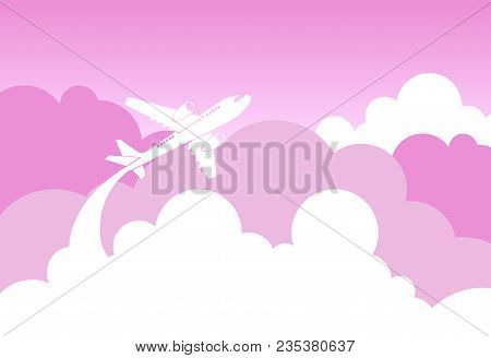 Silhouette Plane Fly Over Pink Clouds And Sky Love Backgrouund Flat Vector Illustration