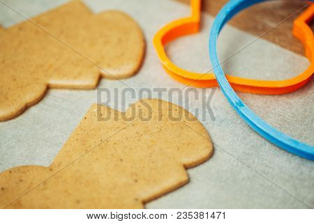 Baking Tray With Christmas Raw Cookies Close Up