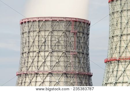 Large Cooling Pipes At The Thermal Power Plant.inside Them Steam Is Cooled And Condensed Water.