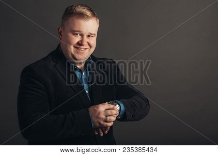 Overweight Funny Business Man Looking At Watch