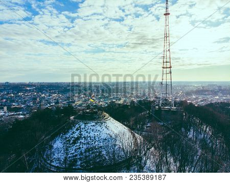 Tourists On Top Of Hill. High Castle In Lviv. Birds Eye View