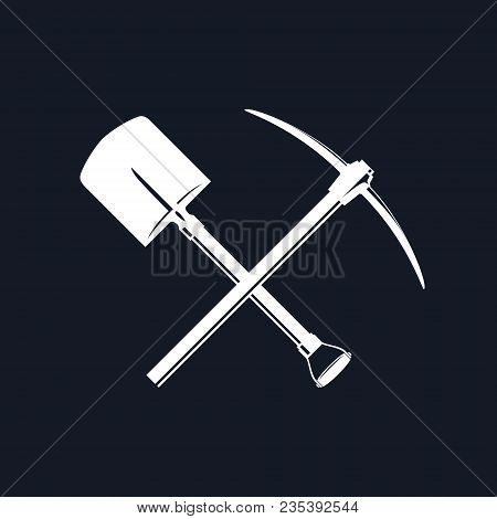 Silhouette Of Crossed Spade And Pickaxe On A Black Background, Hand Tool For Excavation, Vector Illu