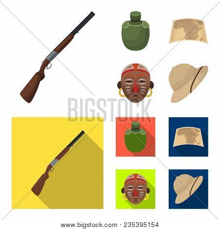 Hunting Rifle, Flask In The Case, Map, African Mask. African Safari Set Collection Icons In Cartoon,