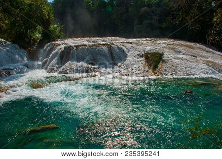 Amazing Turquoise-blue Water Of The Waterfall Agua Azul In Chiapas, Palenque, Mexico. Beautiful Scen