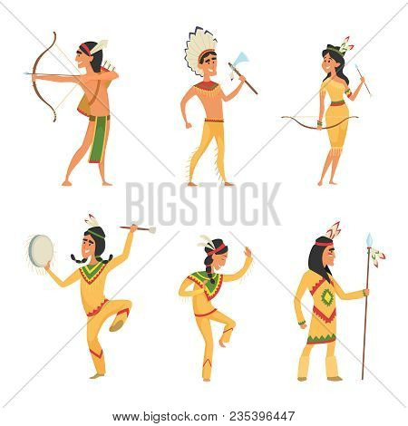 Set Characters In Cartoon Style. Traditional American Indians. Character Traditional American Cultur