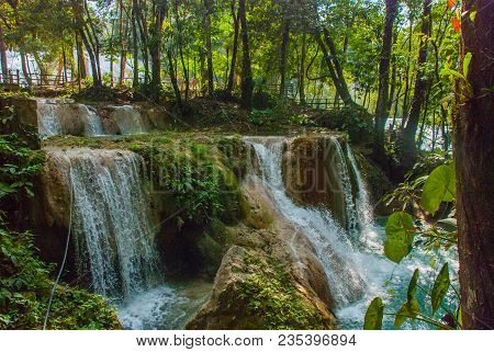 Waterfall In Mexico. Stunning Waterfall Agua Azul Near Palenque, State Chiapas. Amazing Phenomenon O