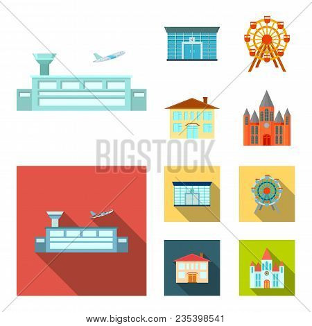 Airport, Bank, Residential Building, Ferris Wheel.building Set Collection Icons In Cartoon, Flat Sty
