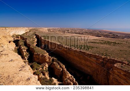 Panorama View To Aral Sea From The Rim Of Plateau Ustyurt Near Aktumsuk Cape At Karakalpakstan, Uzbe