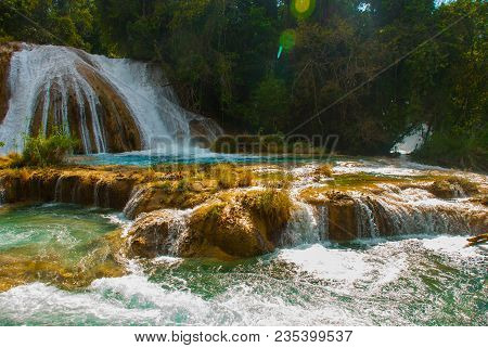 Magnificent Waterfall In Mexico, Beautiful Scenery Overlooking The Waterfall Agua Azul Near Palenque