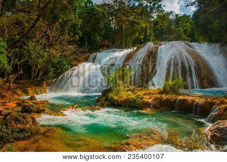 Extraordinary Waterfall In Mexico, Landscape With Waterfall View Agua Azul Near Palenque, State Chia