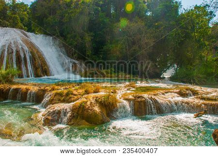 Waterfall In Mexico. Stunning Waterfall Agua Azul Near Palenque, State Chiapas