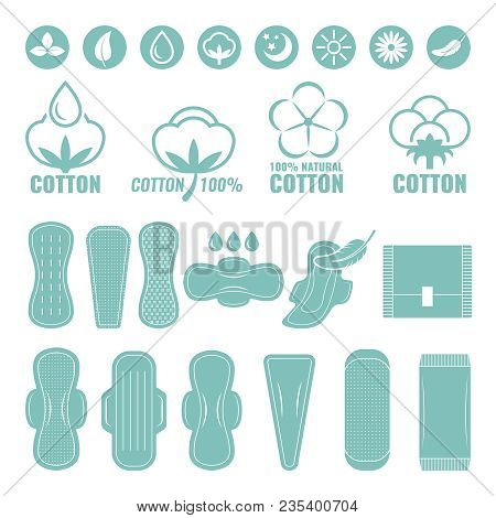 Illustrations Of Feminine Ultra Light Pads From Cotton. Vector Pad Napkin For Female Hygiene And Pro