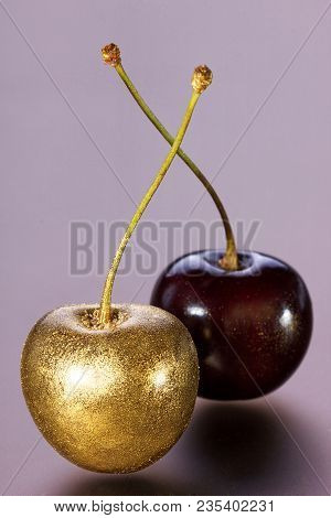 Gilded Decorative Cherries On A Pink Background