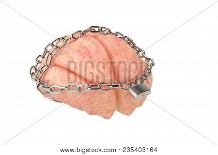 A Brain Bound By Chains Isolated On White Background. 3d Illustration.