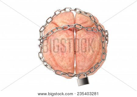 A Brain Bound By Chains Isolated On White Background. 3d Illustration.