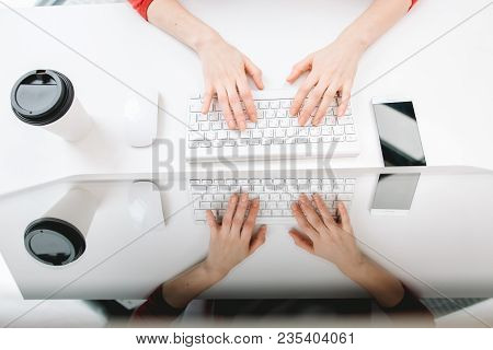 Business Woman At Work Place At Office Typing On Keyboard, Top View