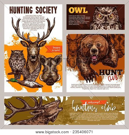 Hunting Club Banner Set With Deer, Duck And Bear, Boar, Owl And Reindeer Sketch. Wild Forest Animal 