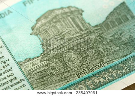 A New Banknote Of India With A Denomination Of 50 Rupees. Indian Currency. The Other Side, Hampi's C
