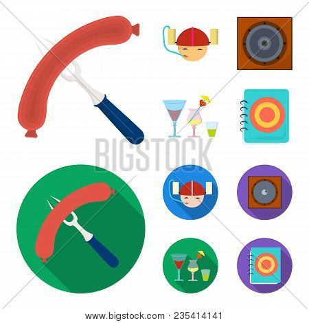 Fried Sausage, Beer Helmet, Cocktails, Speaker.pub Set Collection Icons In Cartoon, Flat Style Vecto