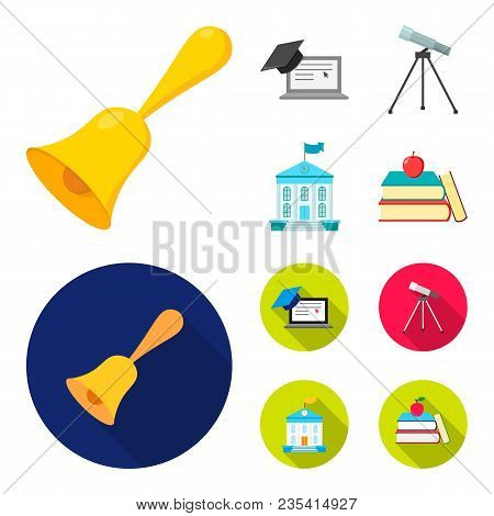 School Bell, Computer, Telescope And School Building. School Set Collection Icons In Cartoon, Flat S