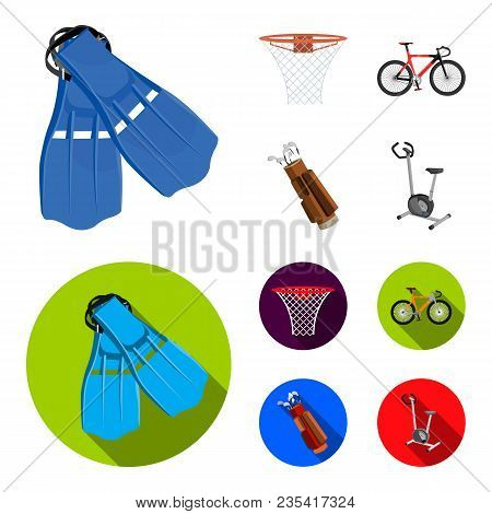 Flippers For Swimming, Basketball Basket, Net, Racing Holograph, Golf Bag. Sport Set Collection Icon