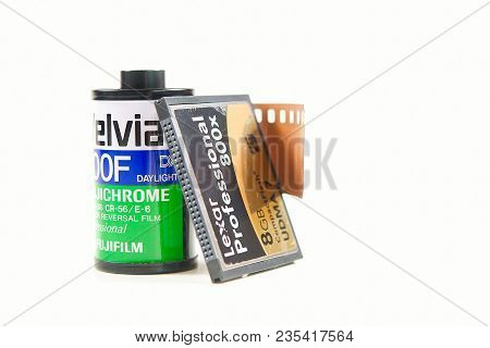 Bergamo, Italy - May 21, 2015: Photographic Film Fujifilm Velvia With Digital Card Memory Lexar