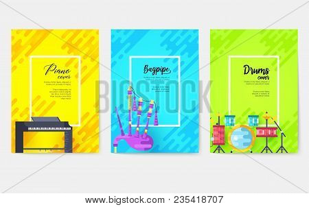 Music Vector Brochure Cards Set. Audio Tools Template Of Flyer, Magazines, Poster, Book Cover, Ottom