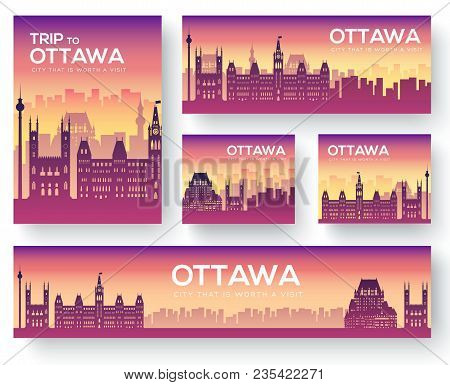 Set Of Ottawa Landscape Country Ornament Travel Tour Concept. Culture Traditional, Magazine, Book, P