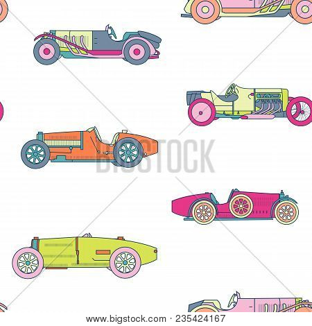 Vector Race Retro Sport Car Seamless Pattern. Vintage Automobiles Isolated On White Background