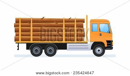 Wood Production And Forestry. Log With Load In Form Of Felled Trees, Forestry Equipment For Loading 