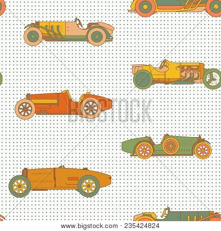 Vector Race Retro Sport Car Seamless Pattern. Vintage Automobiles Isolated On White Background