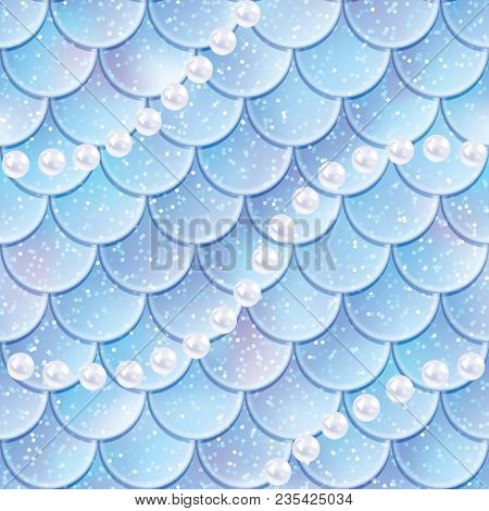Fish Scales With Pearls Seamless Pattern. Mermaid Tail Texture. Vector Illustration. Print Design Fo