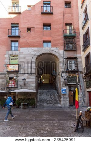 Madrid, Spain - January 22, 2018: Amazing View Of Cuchilleros Arch In City Of Madrid, Spain
